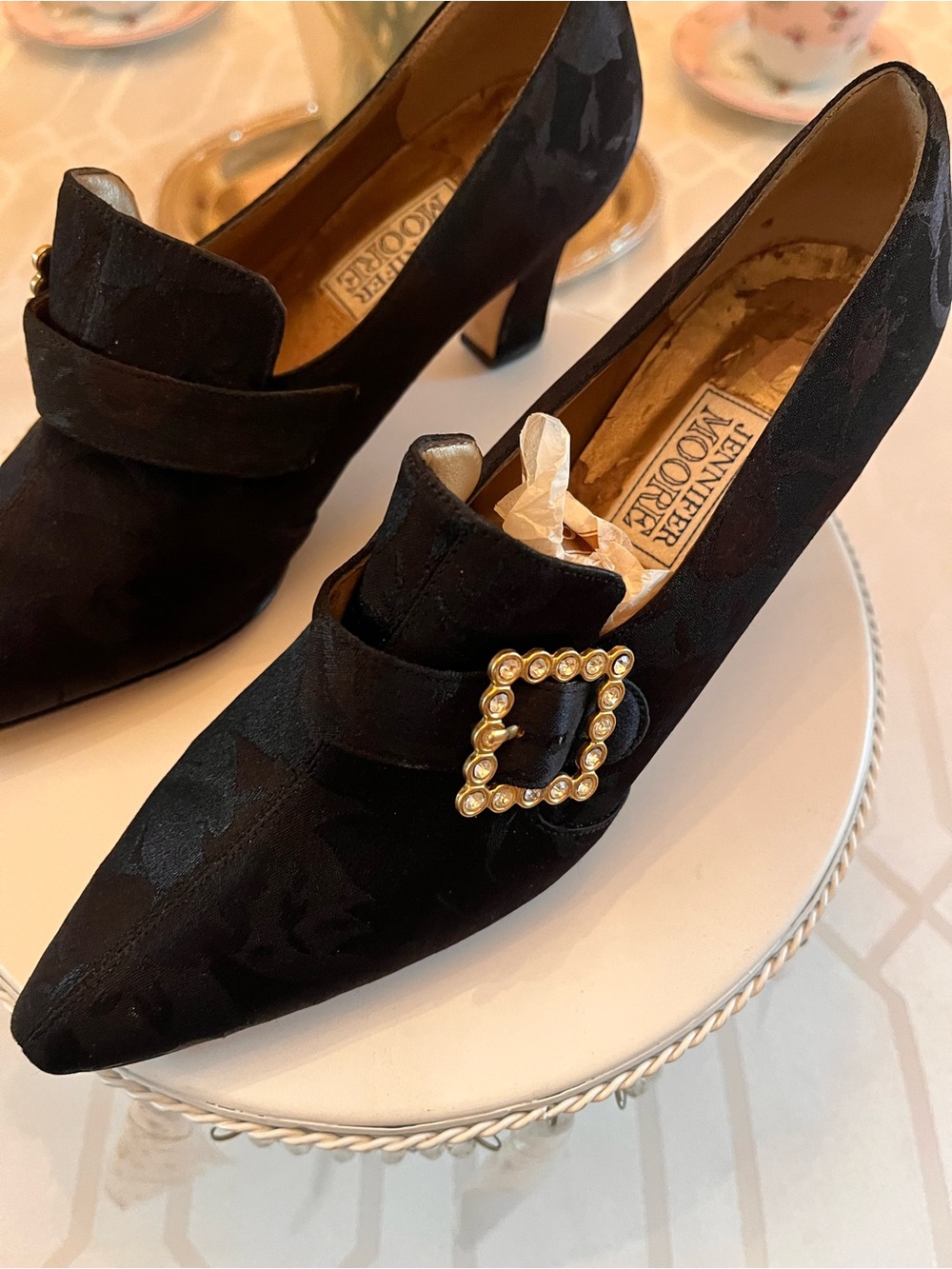 Jennifer Moore Black Pointed-Heel Pumps with Faux Diamond Buckle-Size 7 1/2